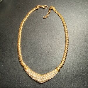 Vintage CHRISTIAN DIOR (Signed) Gold tone Swarovski Crystal Herringbone Necklace